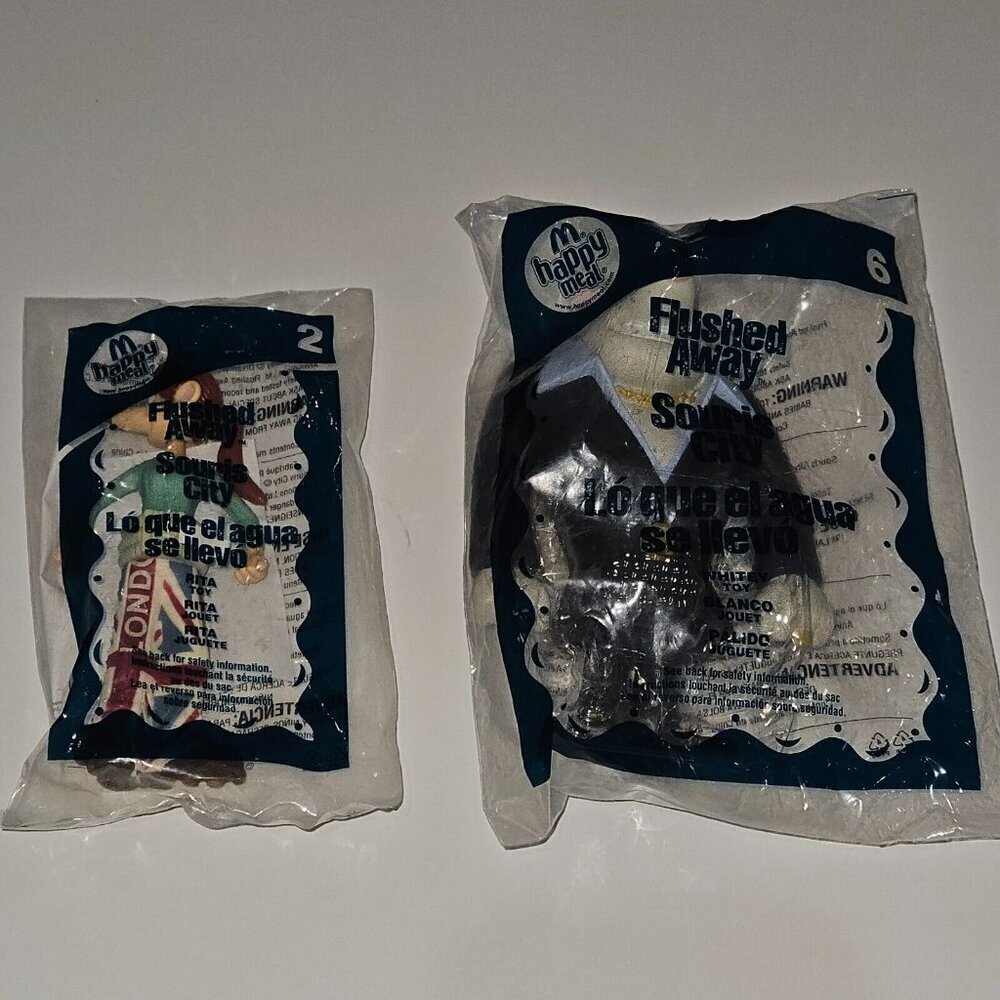 NEW 2 Flushed Away Toy Lot McDonalds Happy Meal 2006 SEALED Whitey Rita Rat